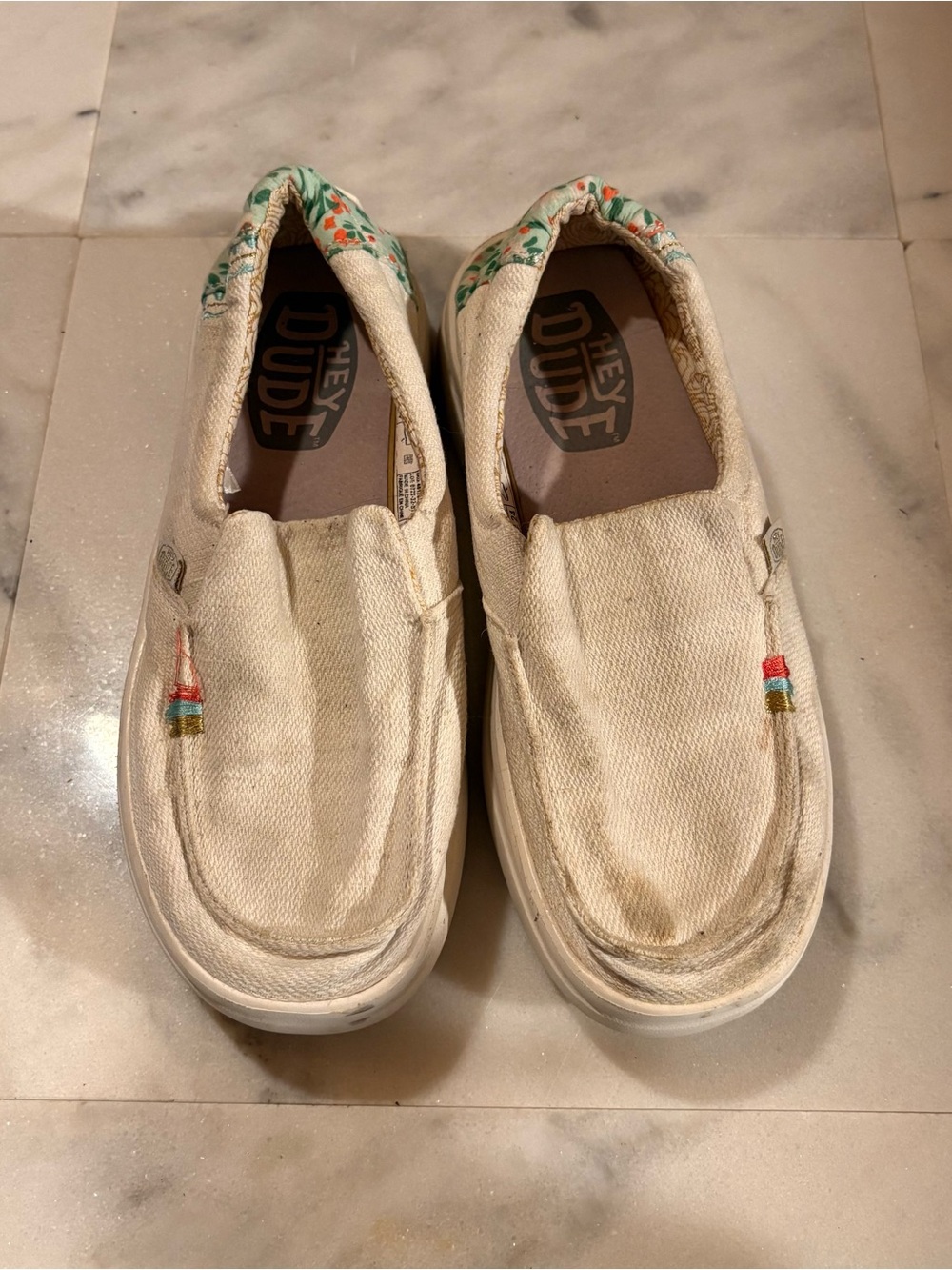 Hey Dude Cream Canvas Slip-Ons with Floral Collar
